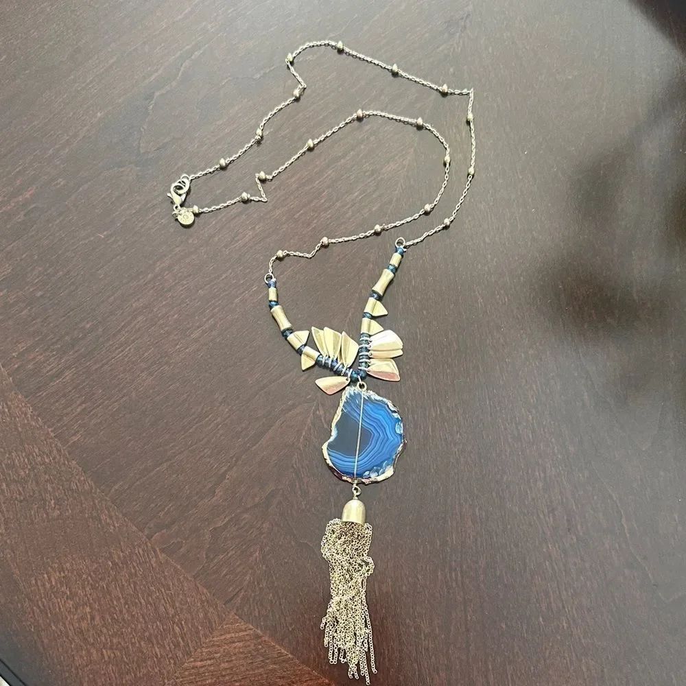 Lydell NYC Long Gold Blue Agate Geode Stone Necklace